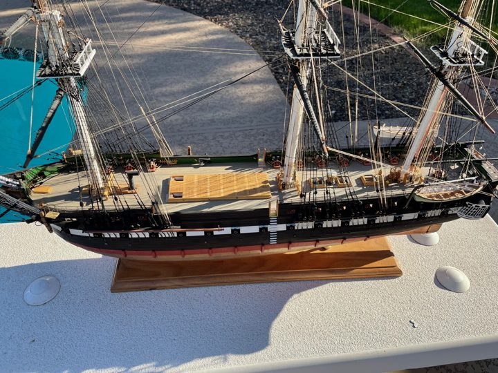 The full length of the spar deck seen from above in sunlight